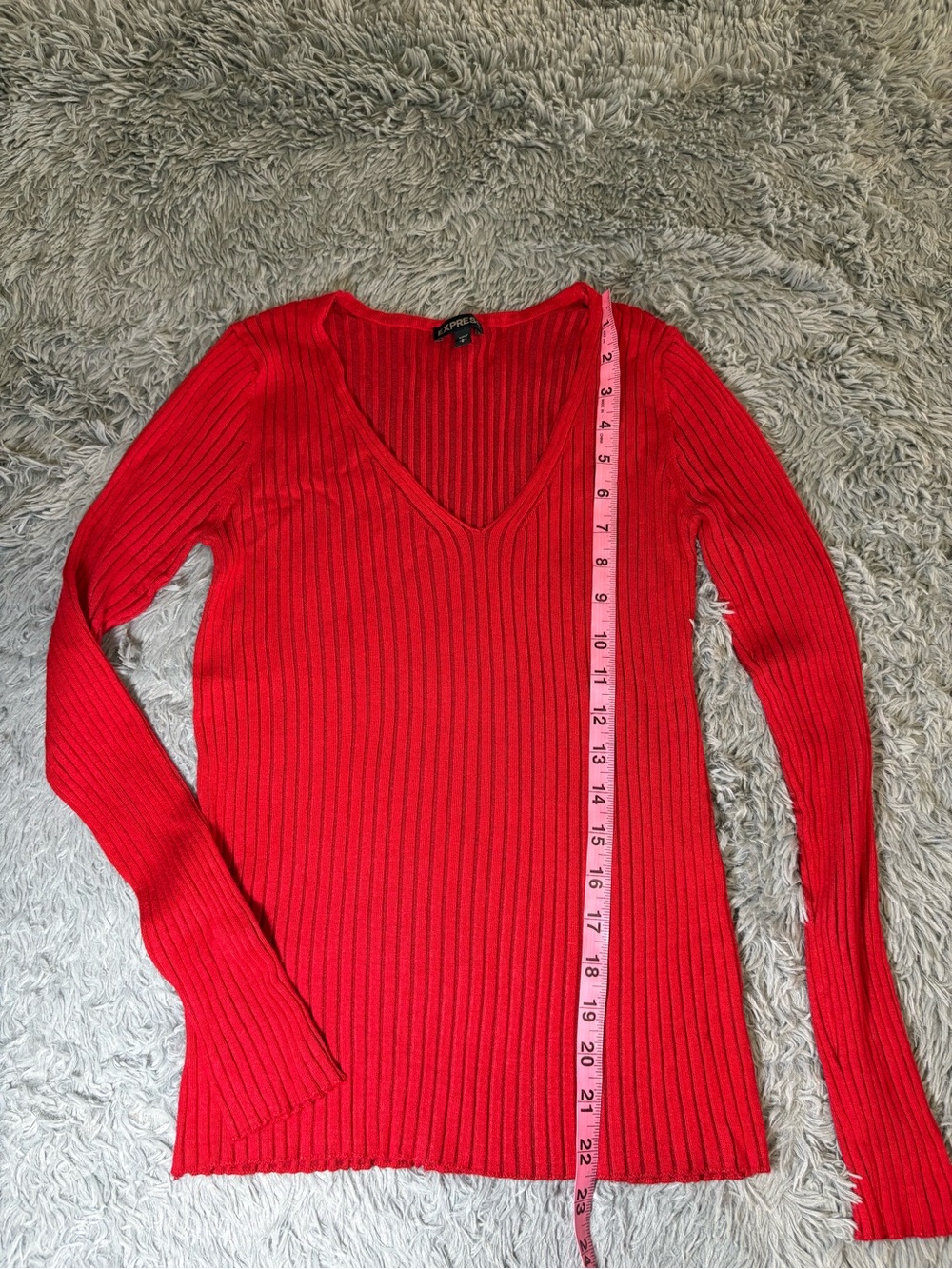 Express Red Ribbed V-Neck Sweater - Picture 2 of 6